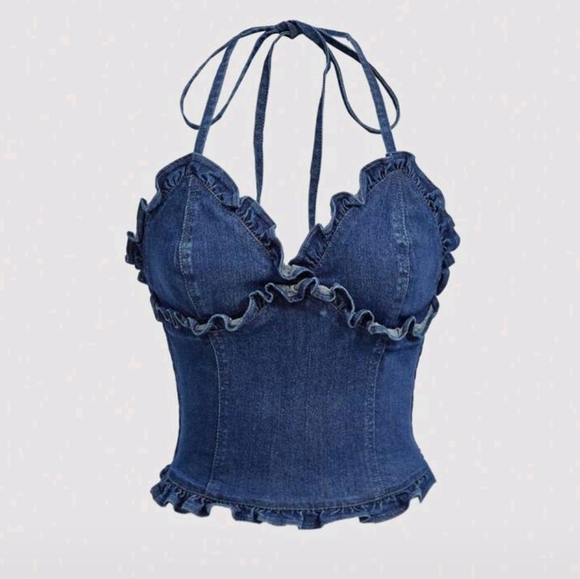 Tops - Blue Denim Halter Top with Ruffle Trim